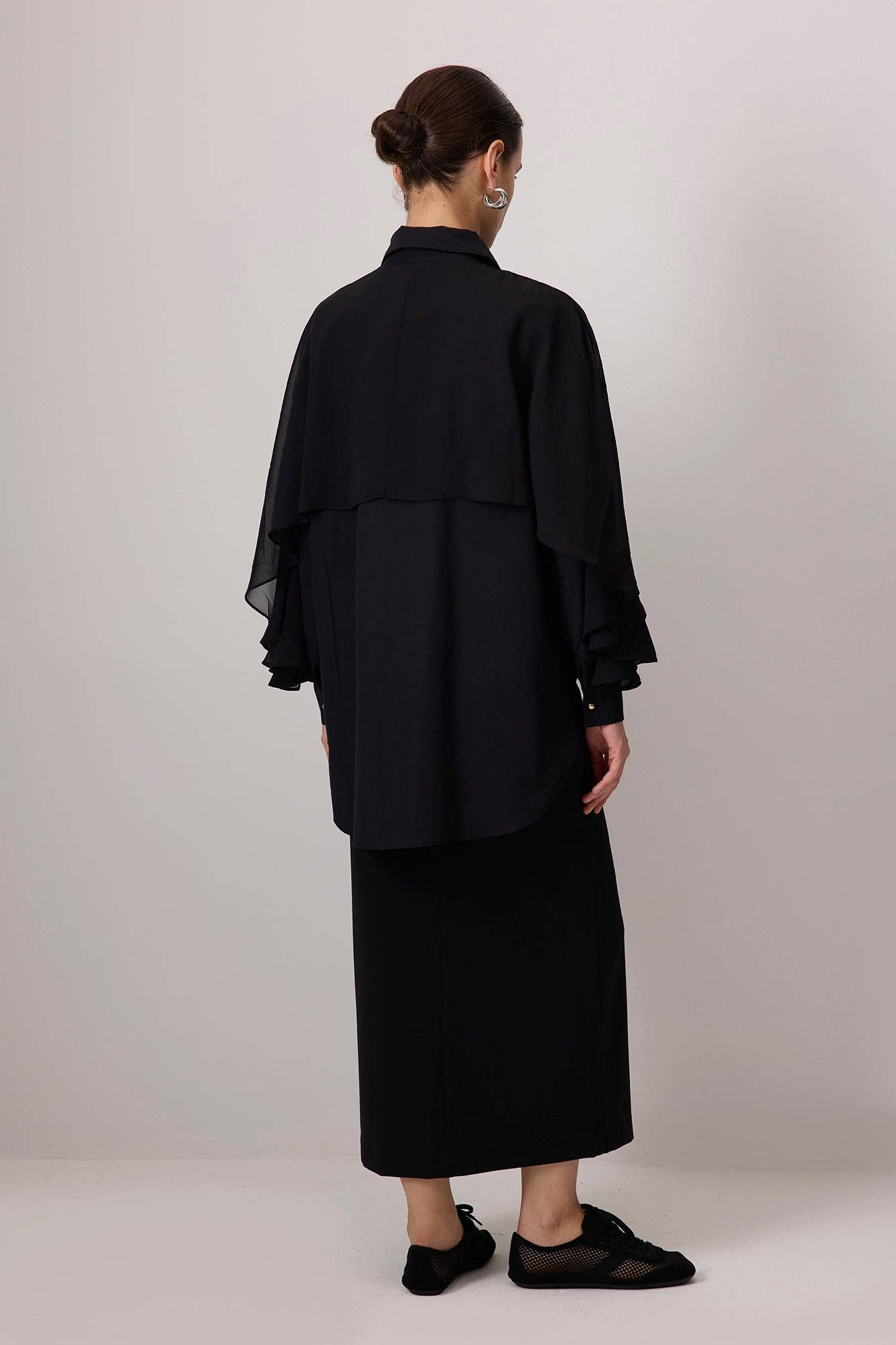 Black Poplin Shirt with Flowing Chiffon Cape Detail for wholesale on Faire1