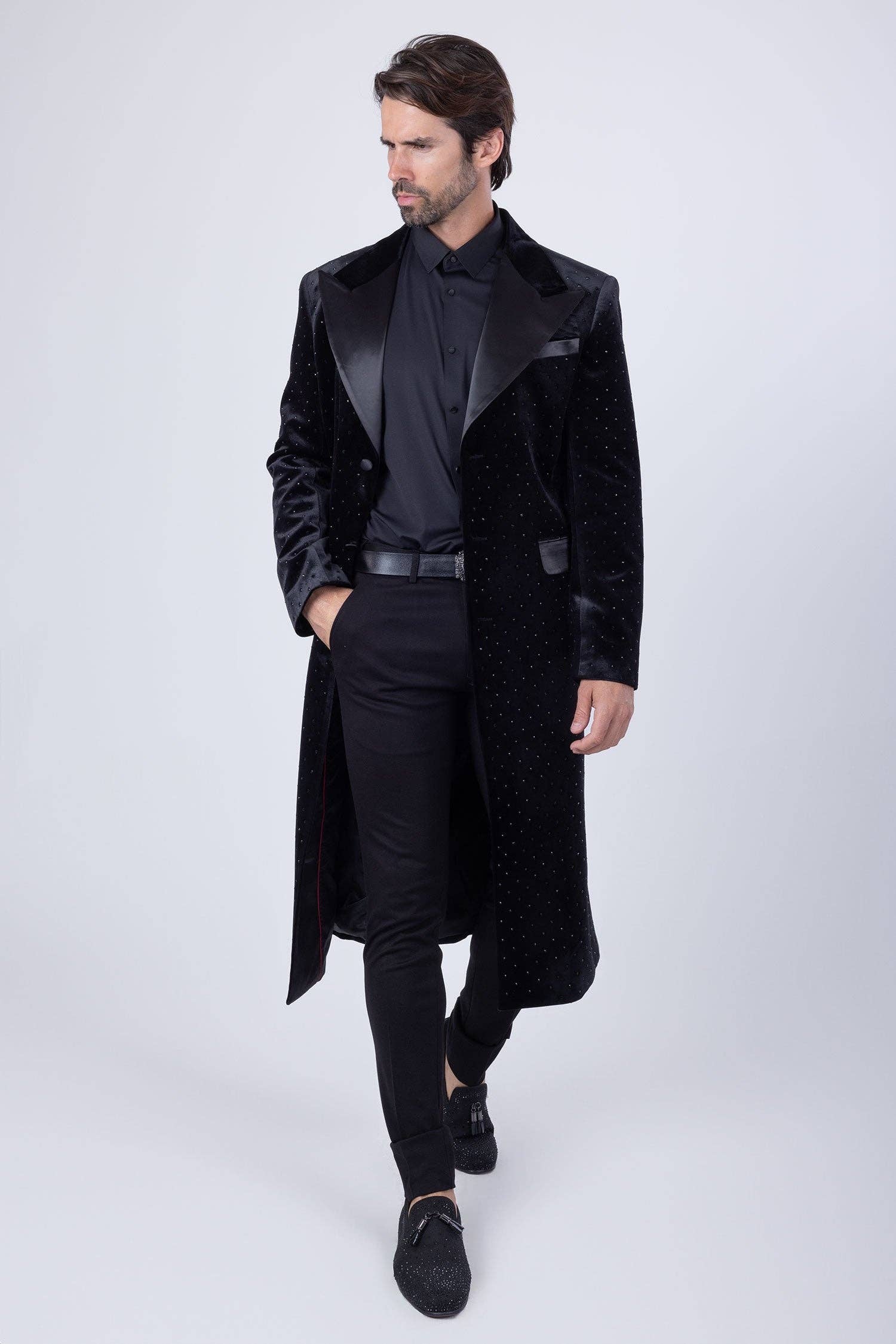 BARABAS - Wholesale Coat - Men's - Men's Rhinestone Velvet Peak Lapel Long Coat 4LBL497