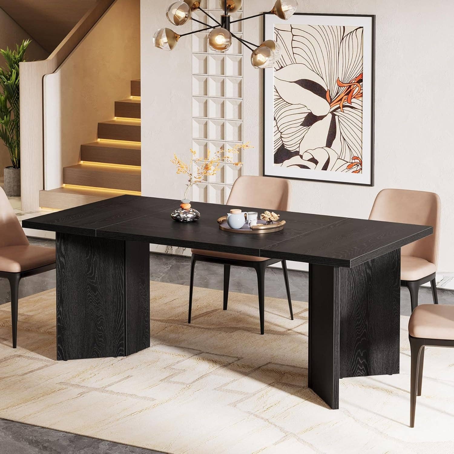 ShipItFurniture - Wholesale Side Table - 63 Inch Black Dining Table With Wood Base Seats 4 To 62