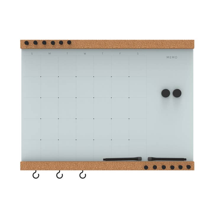 Glassencorque Medium Month+mémo en verre magnétique effaçable à sec et tableau en liège pour la vente par Three by Three Seattle