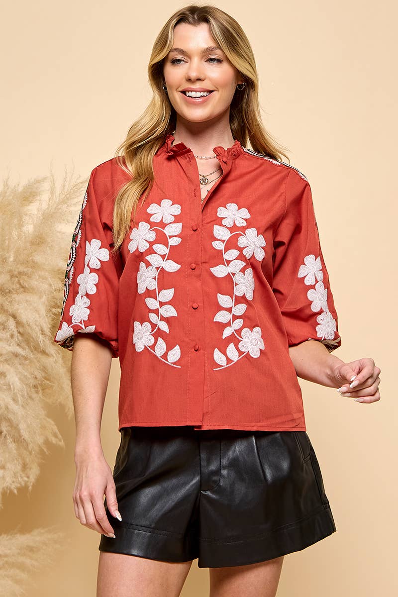 RUST Floral Embroidery Blouse  for wholesale on Faire5
