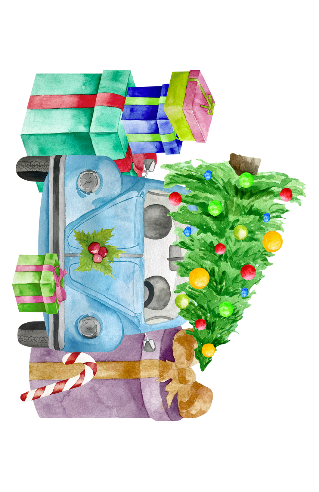 Fripperies - Wholesale Christmas Card - Car with Christmas tree and gifts | Minikaart Fripperies0