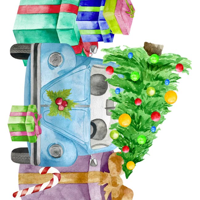 Fripperies - Wholesale Christmas Card - Car with Christmas tree and gifts | Minikaart Fripperies