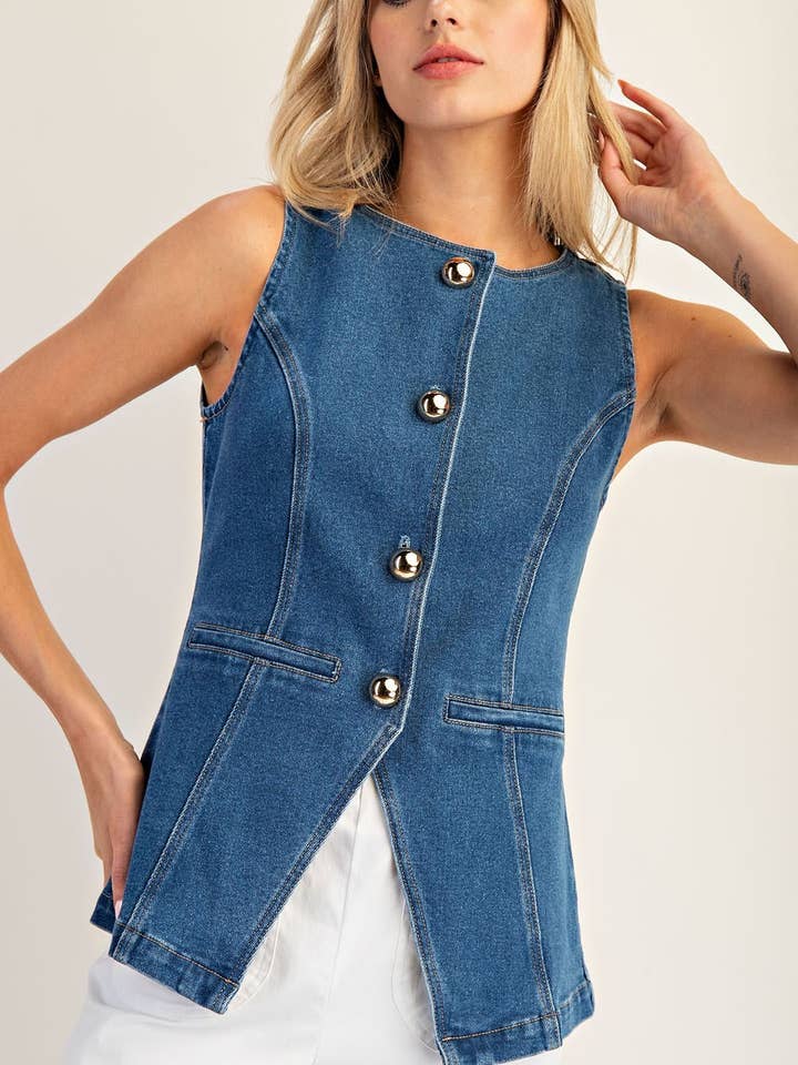 PL8878 - METALLIC DOME BUTTON DOWN DENIM VEST for wholesale by Peace Love Line