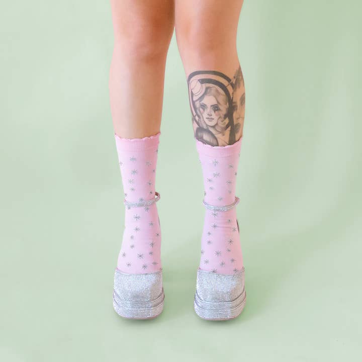 Sunshine Studios - Wholesale Socks - Women's - Star Crew Socks | Pink & Silver 1