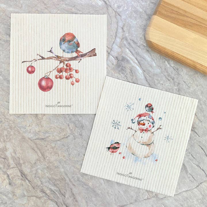 Christmas Branch, Snowman - 2pk Swedish Dish Cloth for wholesale by Indigo Tangerine