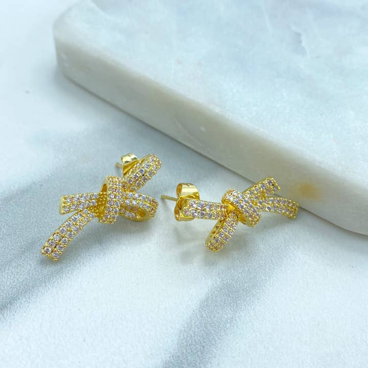 18k Gold Filled 29mm Ribbon Bow Stud Earrings with Micro Pave, CZ, Bow Stud Earrings for wholesale by Luxus Accessories