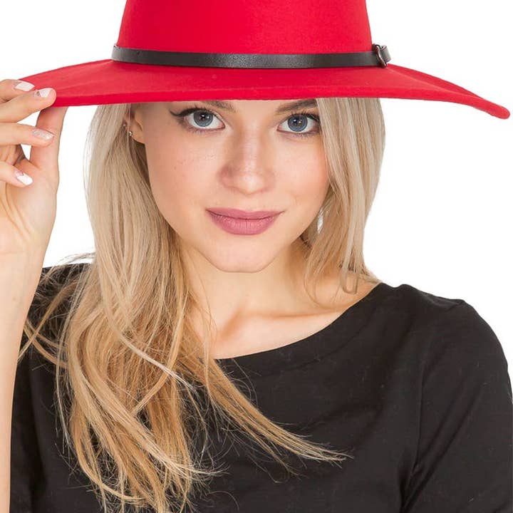 Cap Zone - Wholesale Fedora - Women's - Red Bottom Black Belt Rancher Hat Wide Brim36