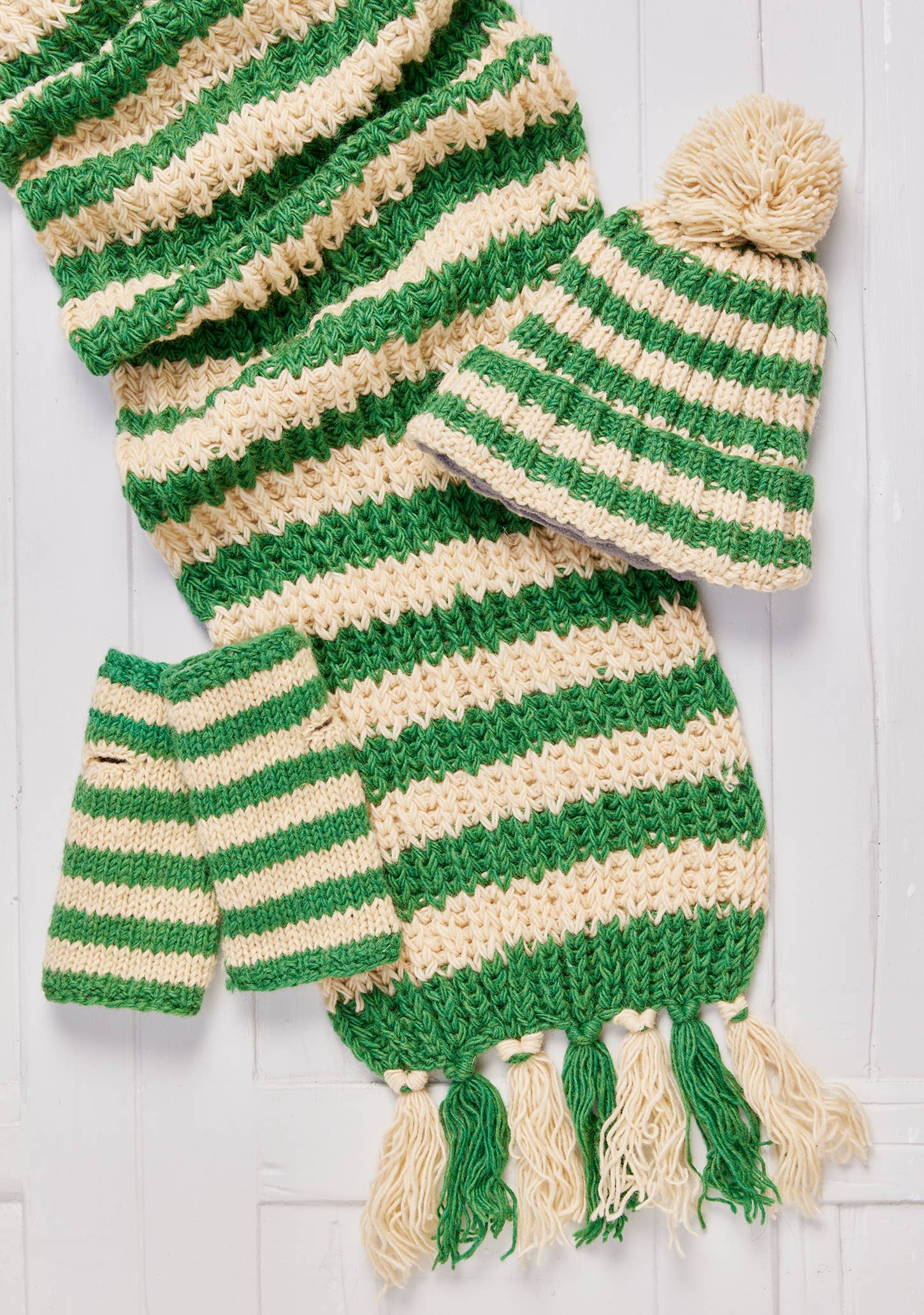 Namaste - Wholesale Hand Warmer - Green Stripe Hand Knitted Handwarmers, fleece lined1