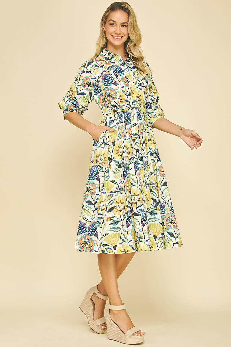 CREME MULTI VESTIDO MIDI COM BOTÕES FLORAIS - 6269DA para venda a revendedores na Faire4