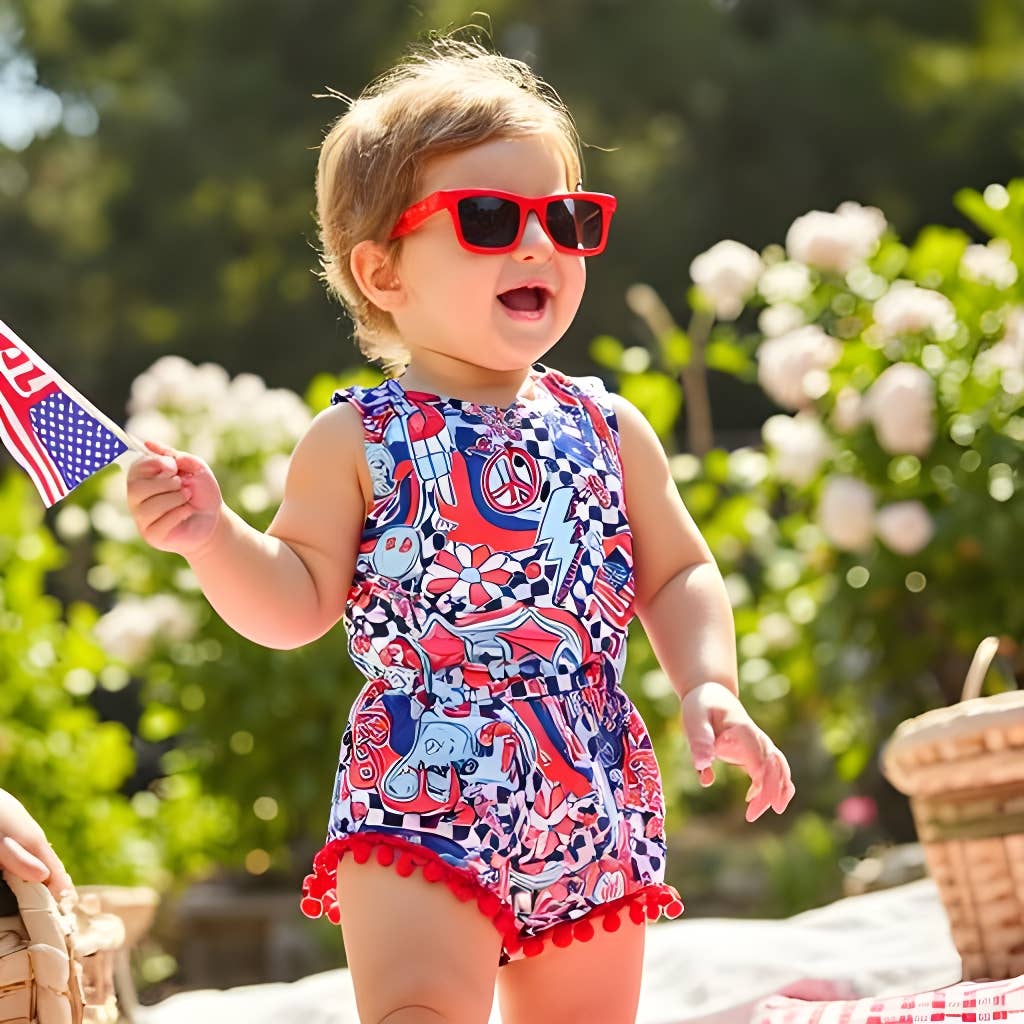 Rufflеѕ & Bоwtіеѕ - Affordable Boys & Girls Clothing - Wholesale Bodysuit (Non-Footed) - Baby - Baby Girls July 4th Groovy Pom Romper  1