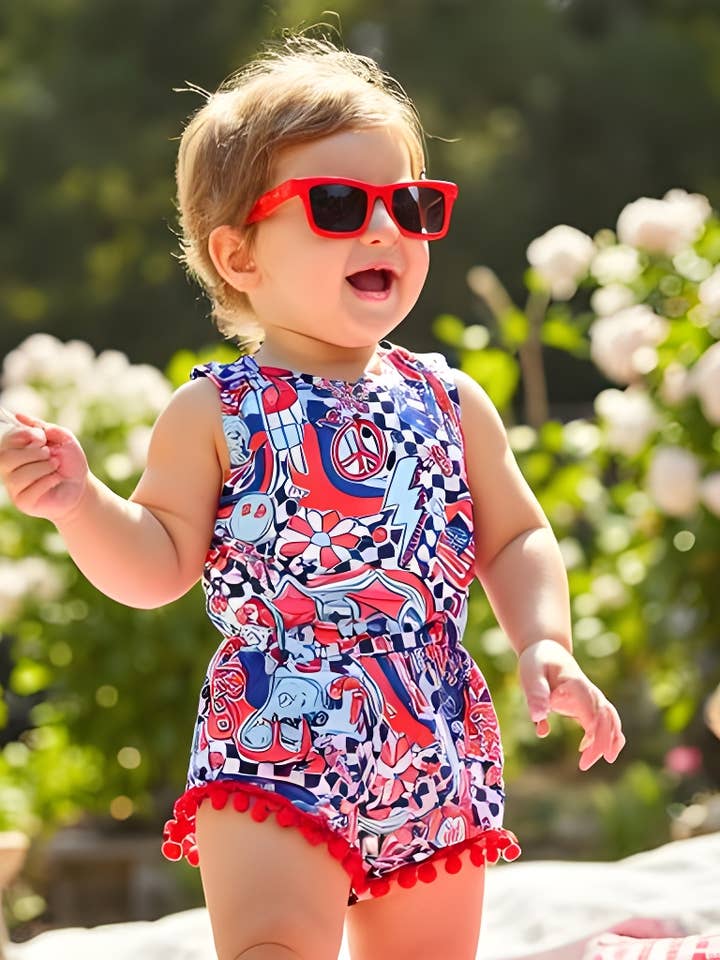 Rufflеѕ & Bоwtіеѕ - Affordable Boys & Girls Clothing - Wholesale Bodysuit (Non-Footed) - Baby - Baby Girls July 4th Groovy Pom Romper 1