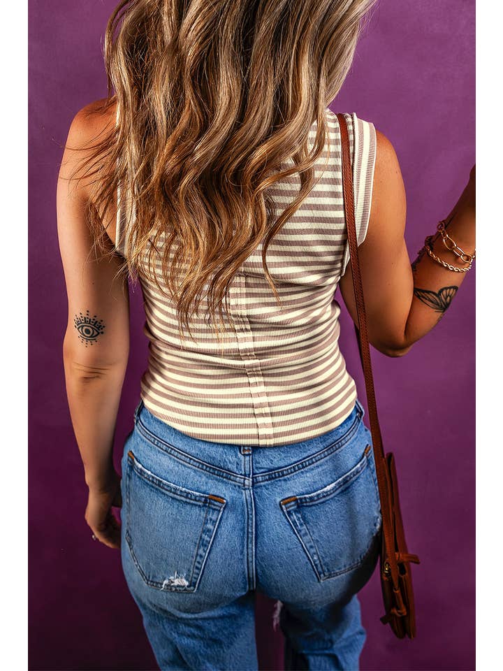 Khaki LDC Stripe Exposed Seam Trim Round Neck Sleeveless Top for wholesale on Faire