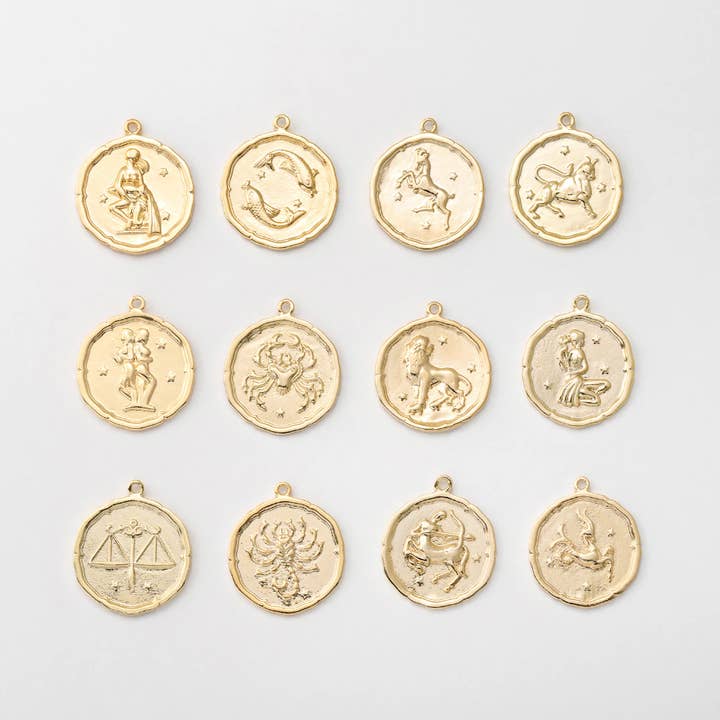 ZODIAC STAMPED COIN CHARM for wholesale by Goldie Charm Bar