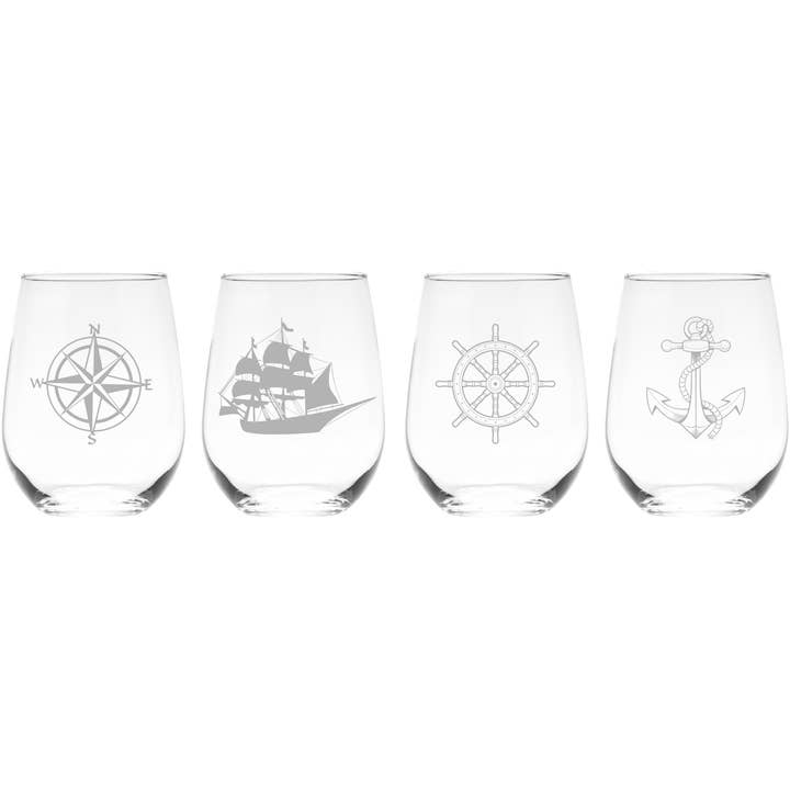 Ensemble de 4 verres à vin sans pied Nautical 17 oz pour la vente par C&M Personal Gifts