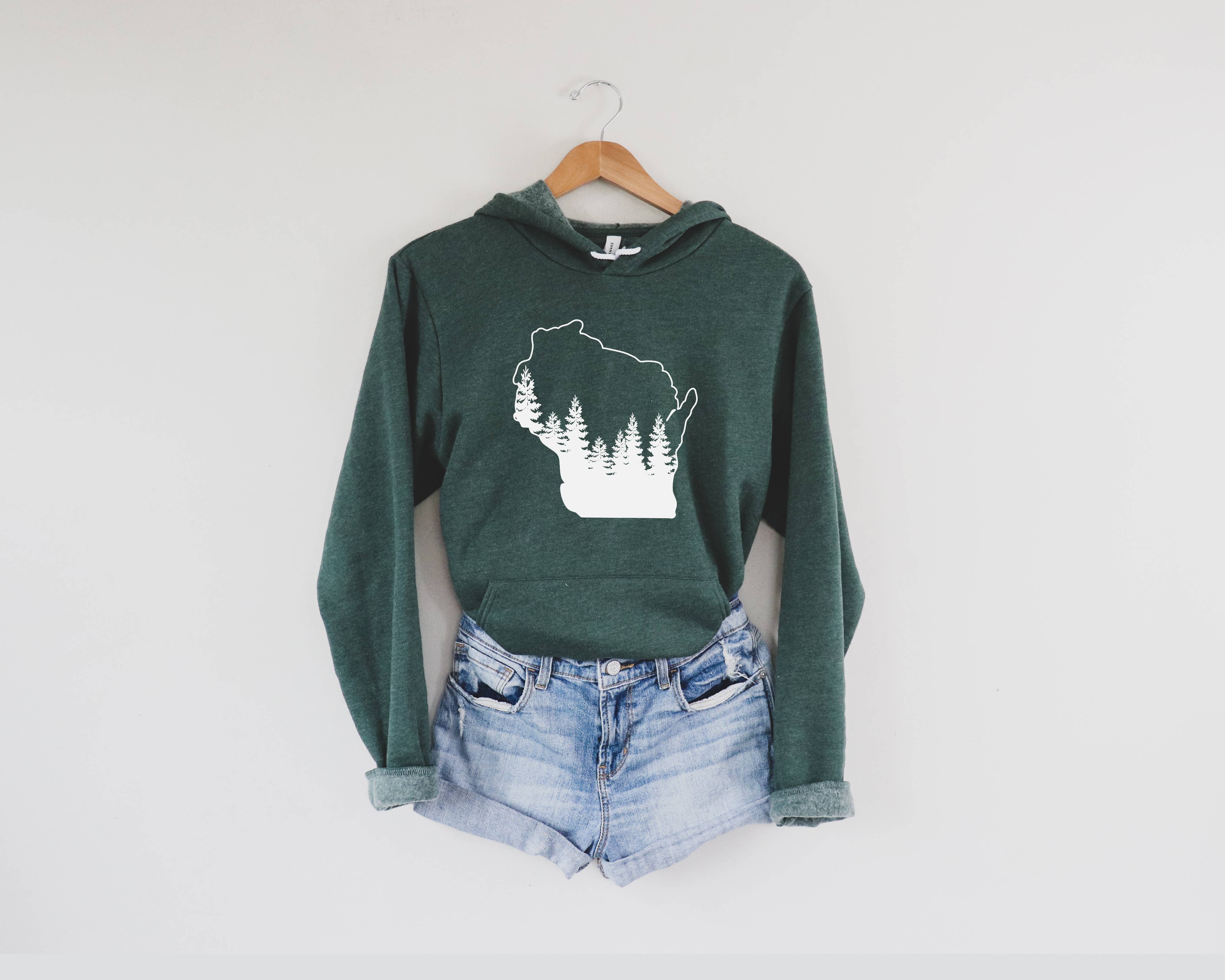 Autumn Rose Co. - Wholesale Graphic Sweatshirt - Women's - Wisconsin Pine Tree Sweatshirt, Wisconsin Hooded Sweatshirt