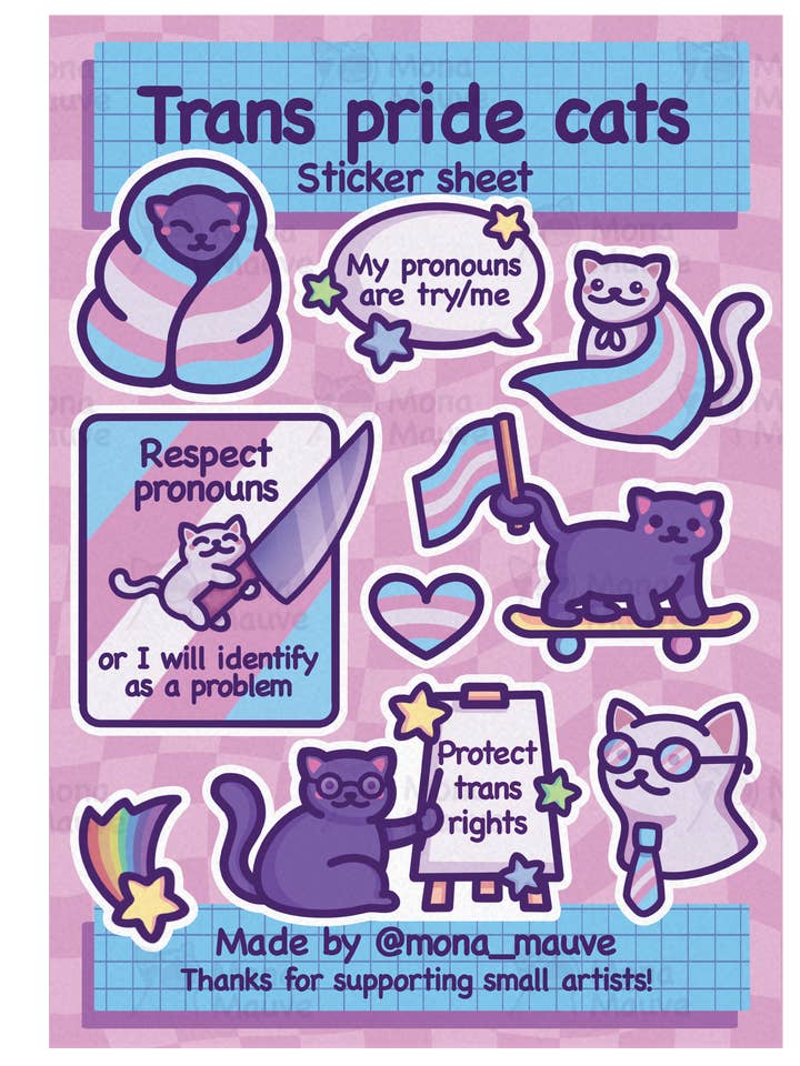 Trans Pride Cats Sticker Sheet | 9 Waterproof Vinyl Stickers for wholesale by Mona Mauve • Silly Art!