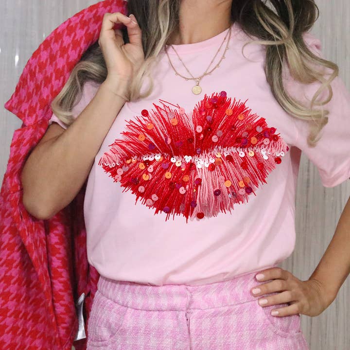 Trasferimento DTF Finto con Labbra di San Valentino, Filato e Paillettes per la vendita all'ingrosso da parte di K and M Designs