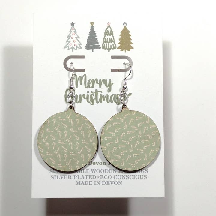 Wooden Bauble Shape Earrings - Candy Cane - Made in Devon for wholesale by Devon Fox
