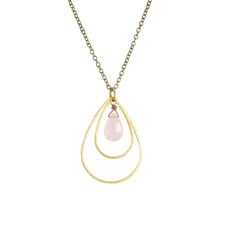 Collier Double Goutte avec Quartz Rose Magnifique à l'Intérieur pour la vente par Edgy Petal Jewelry