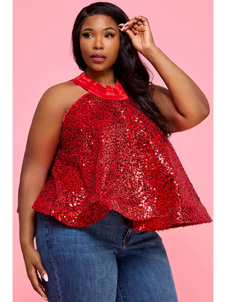Namatt Design – wholesale Blus - Dam – Plus paljett halterneck ärmlös utsvängd blus topp