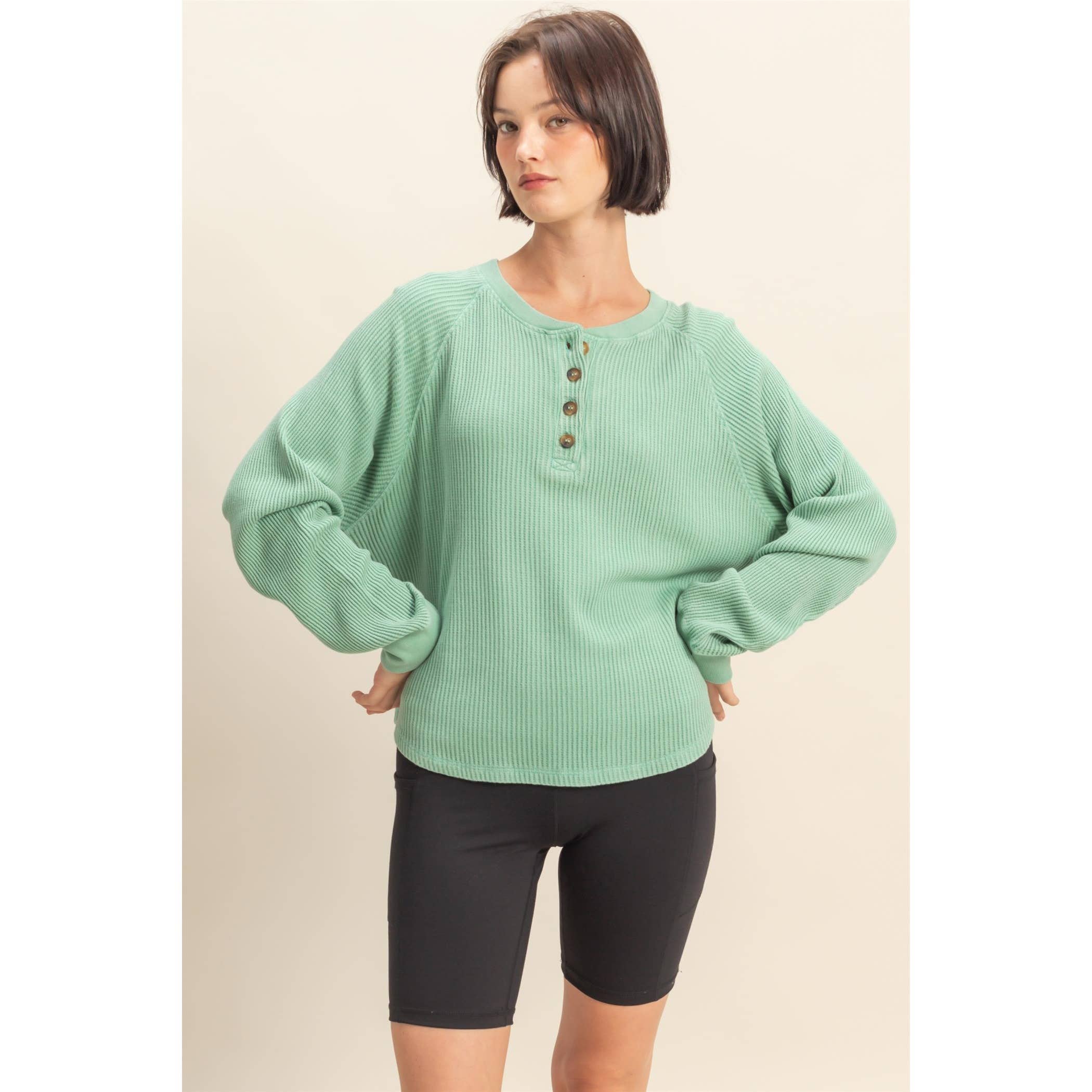 Double Zero - Wholesale Sweatshirt - Women's - Mineral Washed Henley Waffle Raglan Sleeve Top13