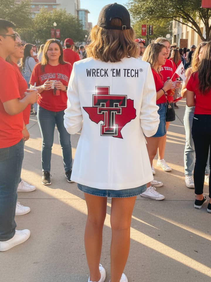 Game Day Blazer, Hvid med Rynker, Texas Tech TT State Wreck Em Tech for engroshandel hos Moving Forward Designs