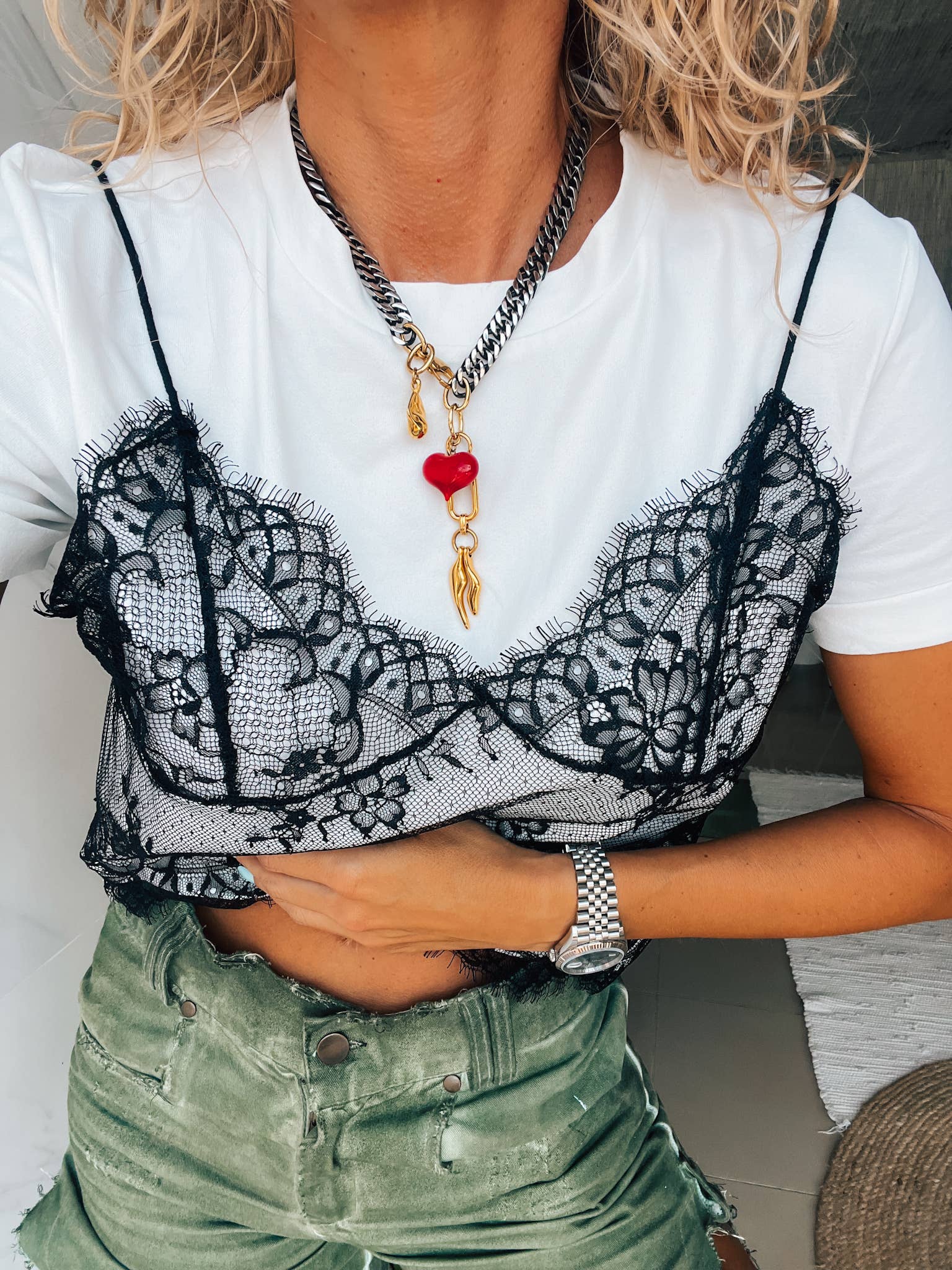 Goupi - Wholesale Link & Chain Necklace - Rock chain necklace with fishbone black chain and red heart2