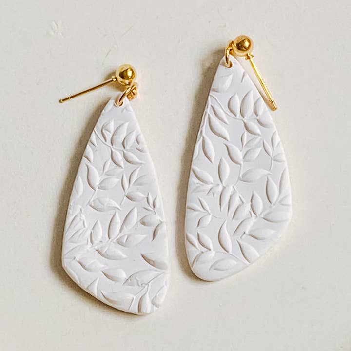 Botanic Textured White Dangles for wholesale by Happily Handmade Clay