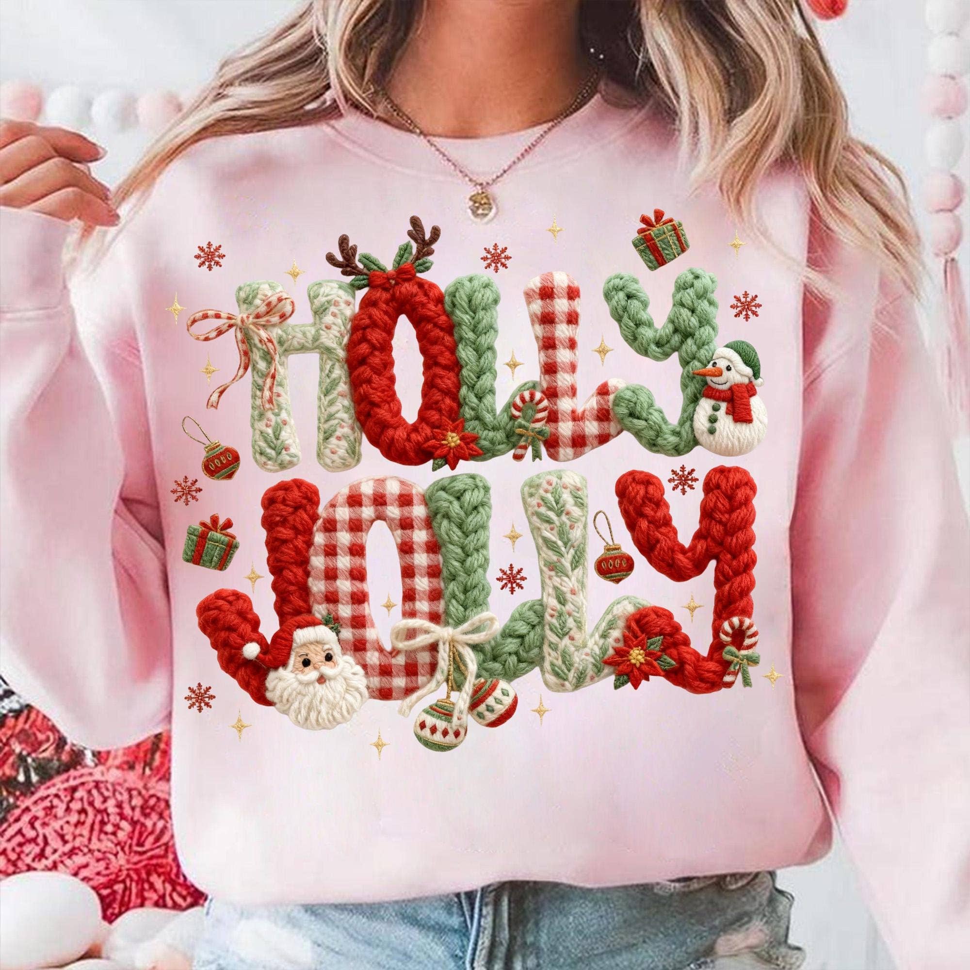 NVC Ecommerce LLC - Wholesale Graphic Sweatshirt - Women's - Faux Yarn Crochet Holly Jolly Christmas Tee, Xmas Sweatshirt2
