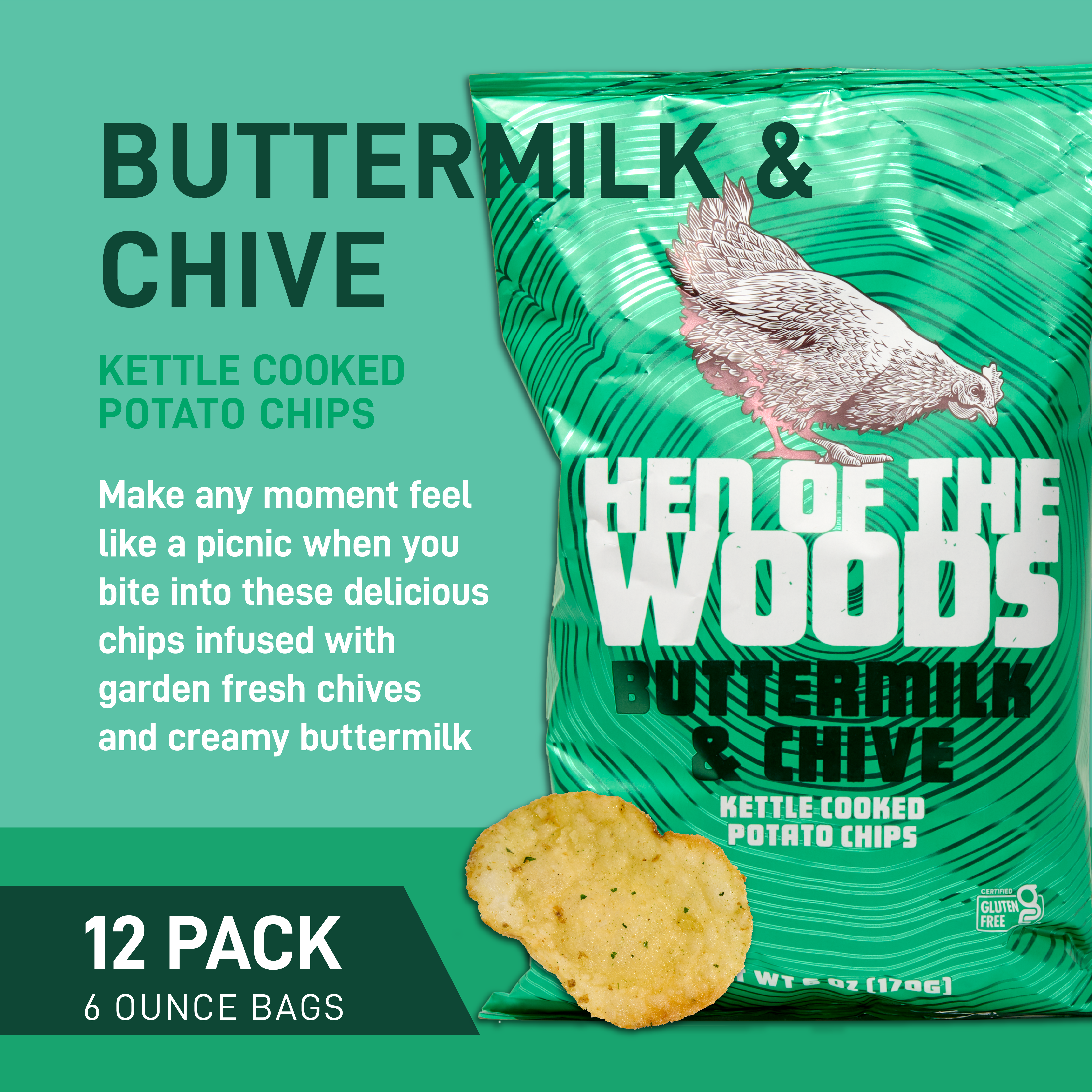 Hen of the Woods - Wholesale Chips - Buttermilk & Chive Kettle Cooked Potato Chips 6 OZ1