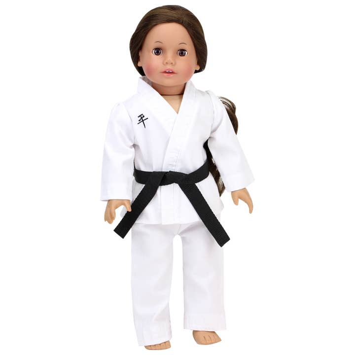 18" Doll - White Karate Uniform with Purple & Black Belts for wholesale on Faire