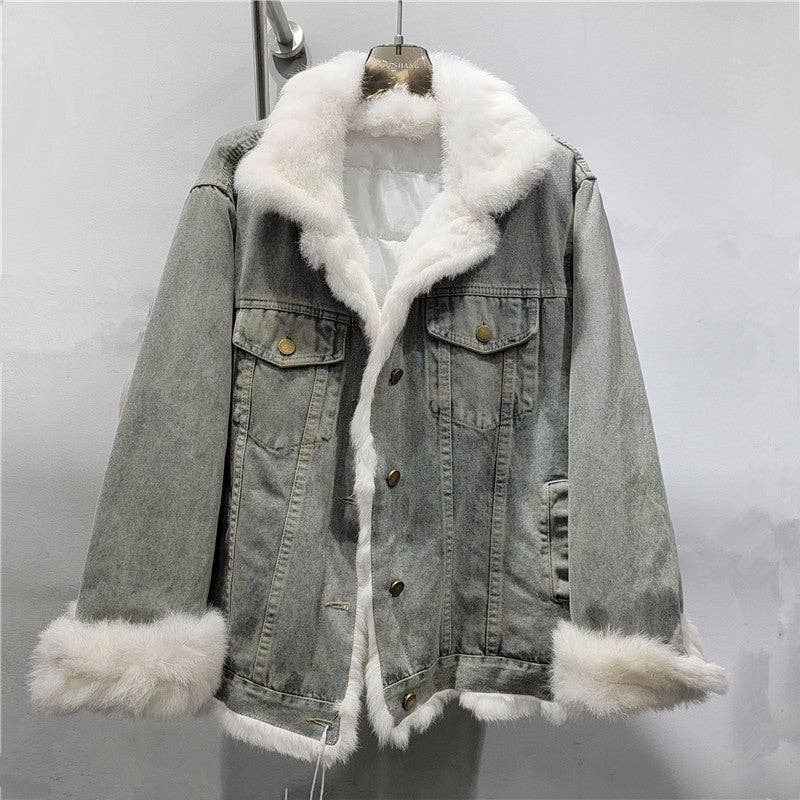 Sanyao Fashion - Wholesale Fur/Faux Fur Coat - Women's - M268 Winter Contrast Stitching Denim Loose Fur Cotton Coat0