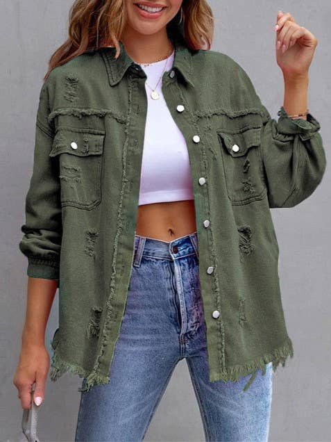 HIDDENBRAND - Wholesale Denim Jacket - Women's - Ripped Loose Denim Jacket