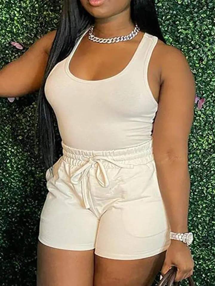 u neck tank top casual drawstring shorts set for wholesale by Queen Fashion