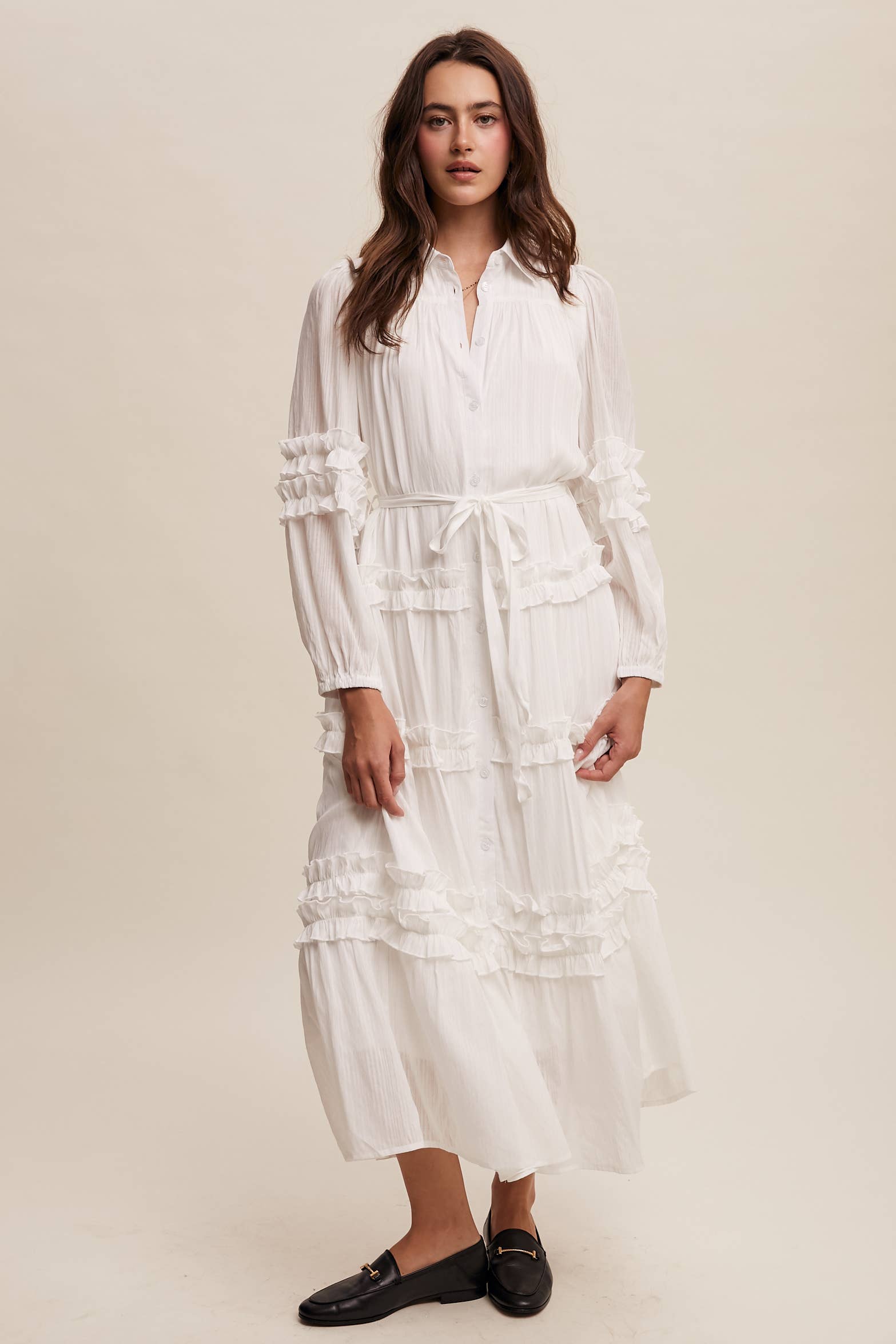 Listicle - Wholesale Dress - Women's - Ruffled Belted Maxi Shirt Dress LD14960