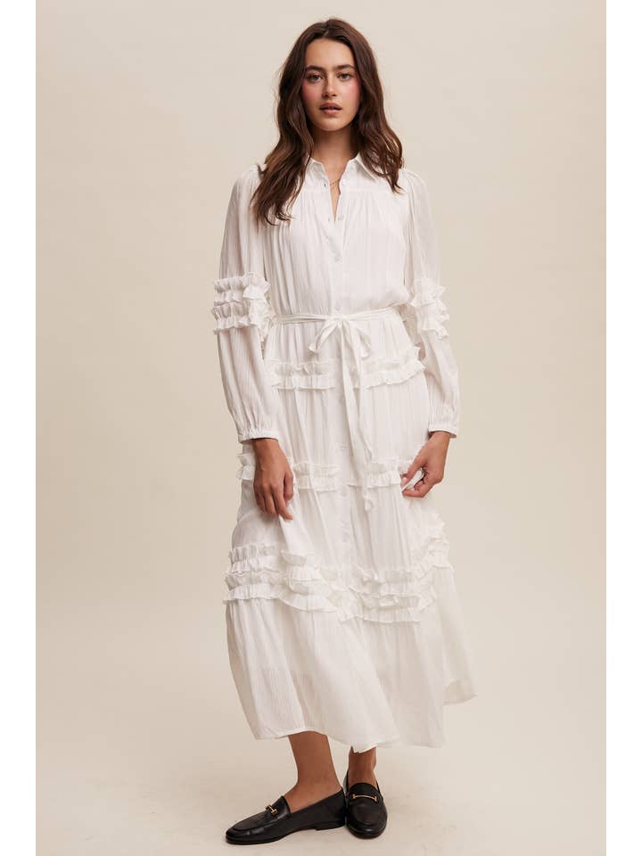 Listicle - Wholesale Dress - Women's - Ruffled Belted Maxi Shirt Dress LD1496