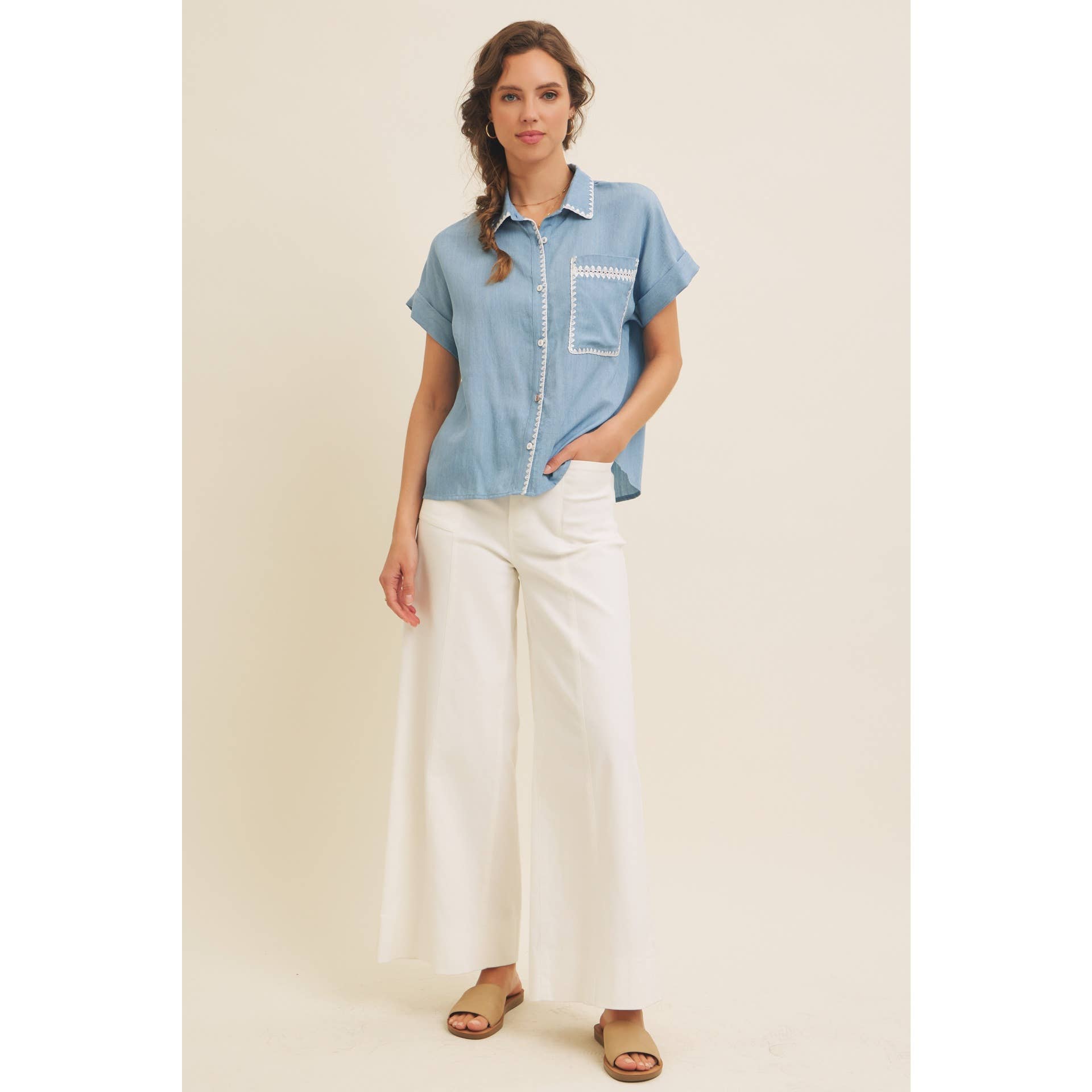 WASHED CHAMBRAY BUTTON-DOWN SHIRT WITH STITCHING for wholesale on Faire7