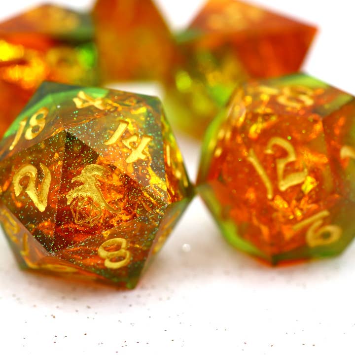 Captured Magic Hand Sanded Sharp Edge Resin Dice Set- Orange for wholesale by Hymgho Premium Dice