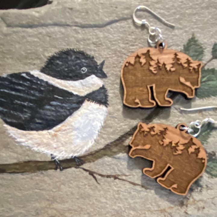 Chickadee Creations - Wholesale Dangle Earrings - Cherry wood earrings, engraved trees in bear shape