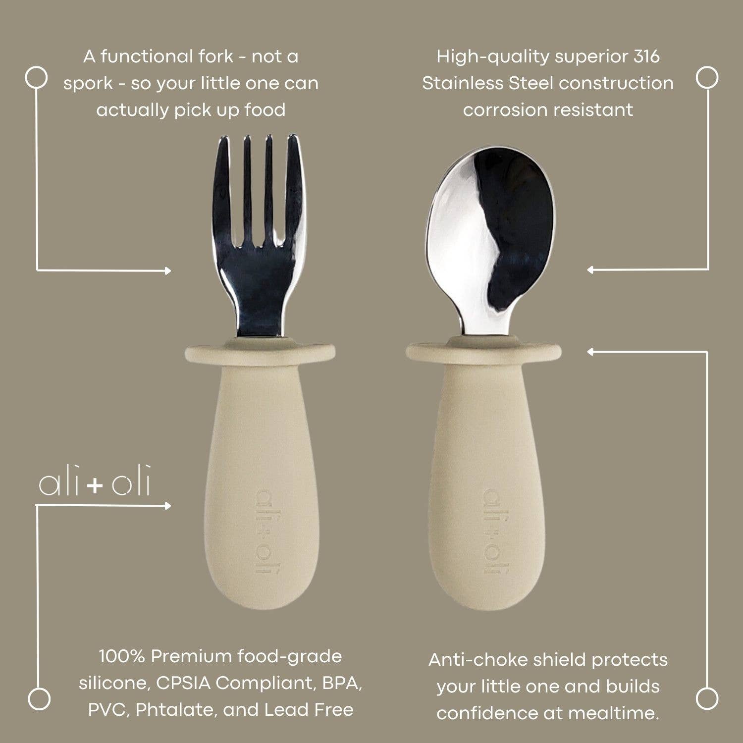 Ali+Oli - Wholesale Flatware Set - Kids & Baby - Ali+Oli Spoon & Fork Learning Set for Toddlers (Khaki) 6m+5