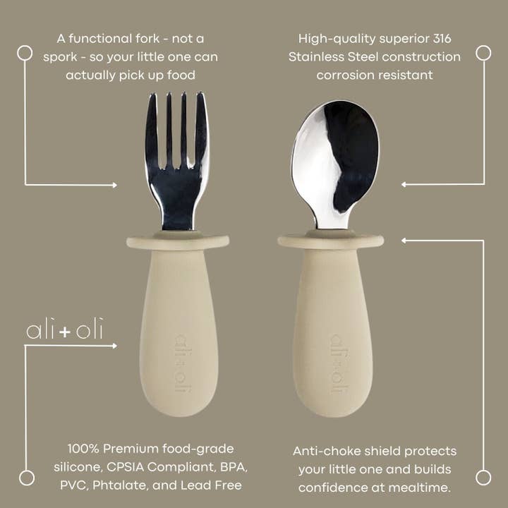 Ali+Oli - Wholesale Flatware Set - Kids & Baby - Ali+Oli Spoon & Fork Learning Set for Toddlers (Khaki) 6m+5
