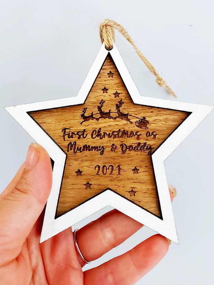 First Christmas as Mummy and Daddy Christmas Tree Decoration for wholesale by Alice and Darcy