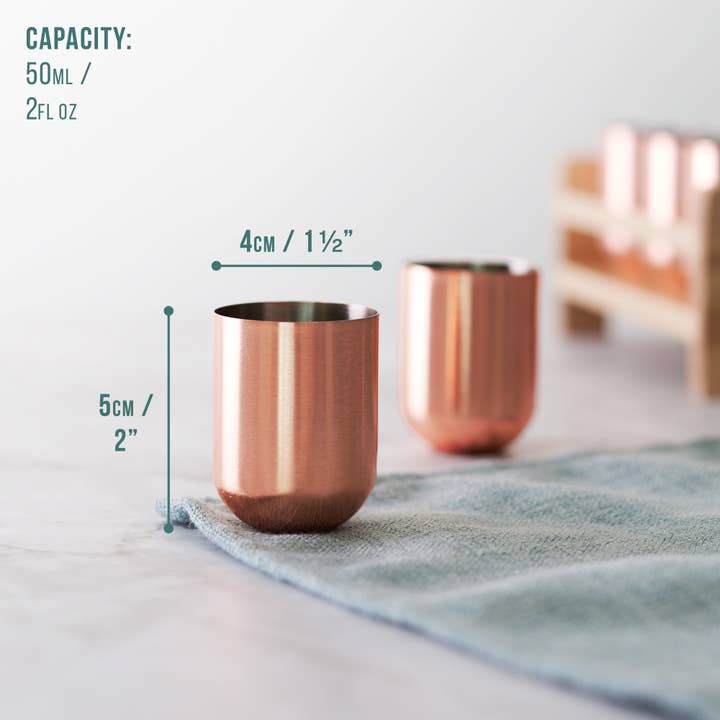 Oak & Steel – Großhandel Schnapsgläser – 6 roségoldene Edelstahl-Schnapsgläser mit Halterablage