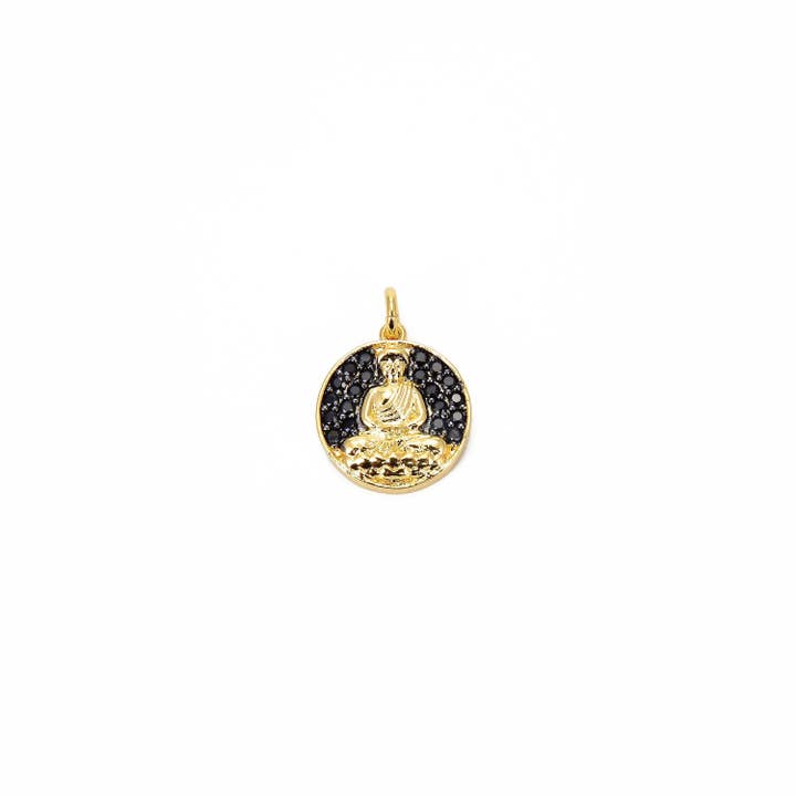 Cali Findings - Vente Breloques/médailles personnalisées - Pendentif Bouddha en métal doré 18 carats avec zircone cubique noire, pendentif Om