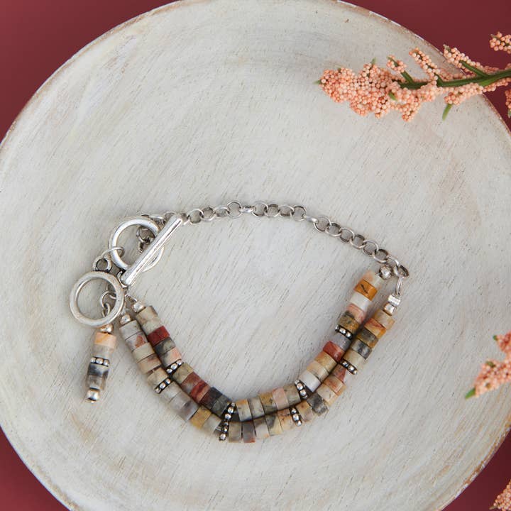 Darby Genuine Agate Multi Row Silver Beaded Bracelet for wholesale by Howard's