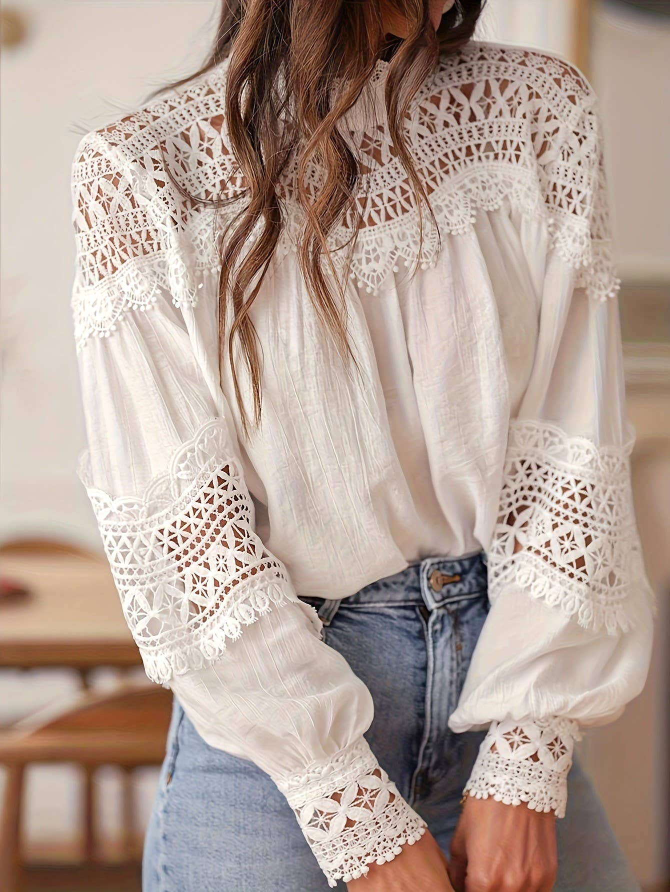 White Lace Eyelet Crochet Flared Sleeve Blouse for wholesale on Faire0