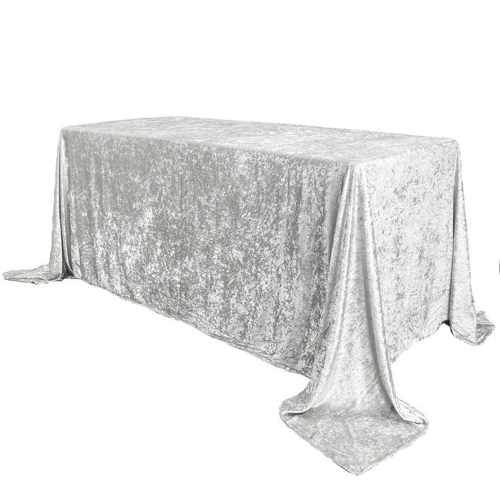 90 x 132 Inch Rectangular Crushed Velvet Tablecloth White for wholesale by YOUR CHAIR COVERS