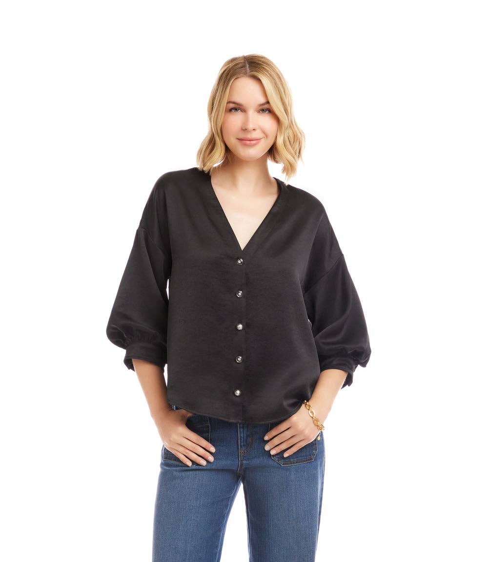 Black Lantern Sleeve Crystal Rhinestone Button Satin Top for wholesale on Faire