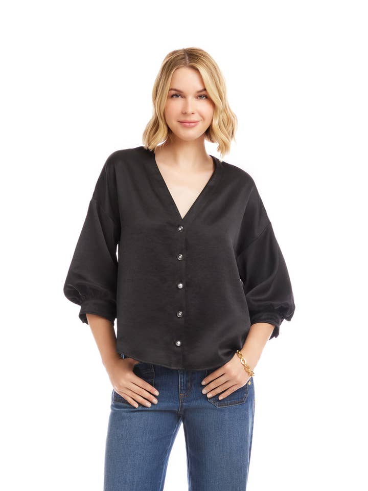 Black Lantern Sleeve Crystal Rhinestone Button Satin Top for wholesale on Faire0